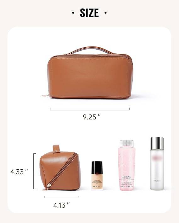 Premium Travel Makeup Bag – 10' x 5' x 5' This large-capacity, waterproof cosmetic bag is designed for skincare on the move.