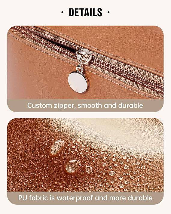 Premium Travel Makeup Bag – 10' x 5' x 5' This large-capacity, waterproof cosmetic bag is designed for skincare on the move.